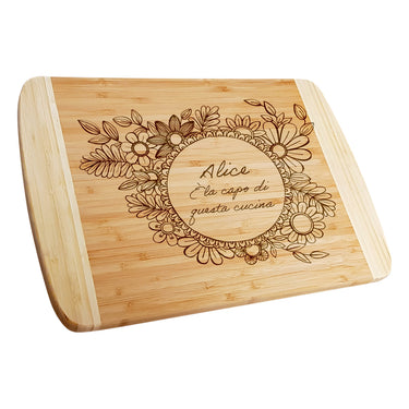 Tagliere regalo in bambù con incisione, motivo fiore