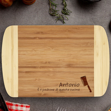 Tagliere regalo in bambù con incisione, Padrone della Cucina 1