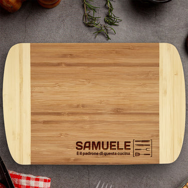 Tagliere regalo in bambù con incisione, Padrone della Cucina 2