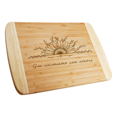 Tagliere regalo in bambù con incisione, motivo girasole