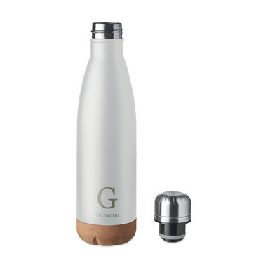 Bottiglia termica in metallo con fondo in sughero e motivo personalizzato, bianca