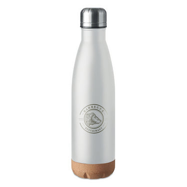 Bottiglia termica in metallo con fondo in sughero e motivo personalizzato, bianca