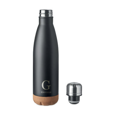 Bottiglia termica in metallo con fondo in sughero e motivo personalizzato, nera