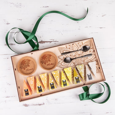 Set da tè CLASSICO in cofanetto di legno con motivo personalizzato