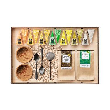 Set da tè PREMIUM in cofanetto di legno con motivo personalizzato