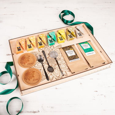 Set da tè PREMIUM in cofanetto di legno con motivo personalizzato