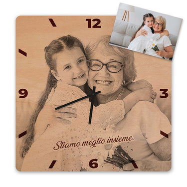 Orologio da parete in legno - fotografia personalizzata, quadrato 50 cm