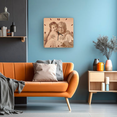 Orologio da parete in legno - fotografia personalizzata, quadrato 50 cm